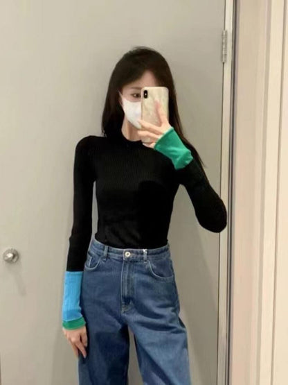 Long-Sleeve Crew Neck Two Tone Knit Top