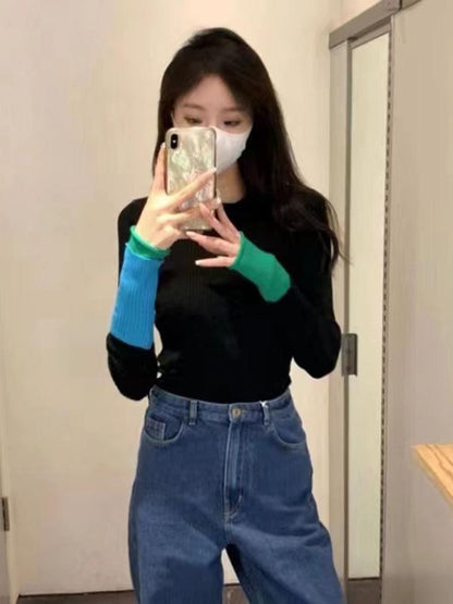 Long-Sleeve Crew Neck Two Tone Knit Top