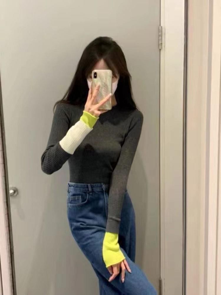 Long-Sleeve Crew Neck Two Tone Knit Top