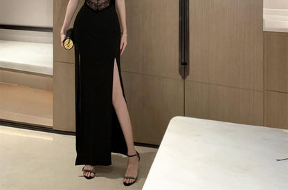 Slit Lace Panel Sheath Maxi with Thin Straps