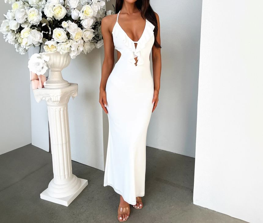 Halter Ruffle Maxi Sheath Gown