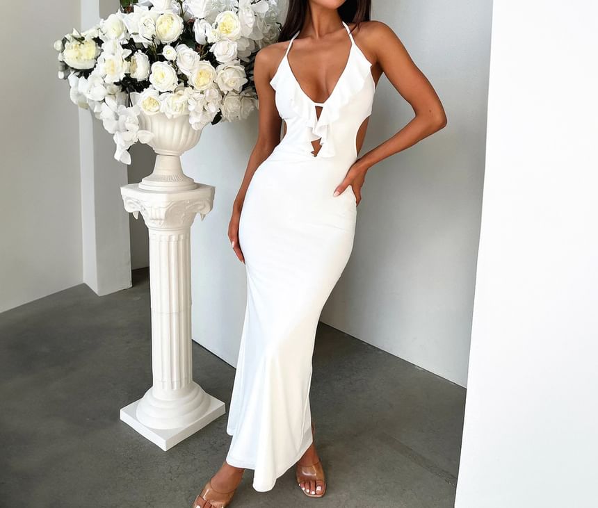 Halter Ruffle Maxi Sheath Gown