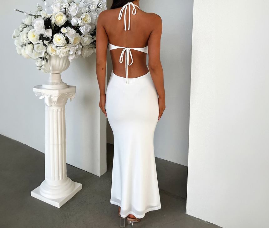 Halter Ruffle Maxi Sheath Gown