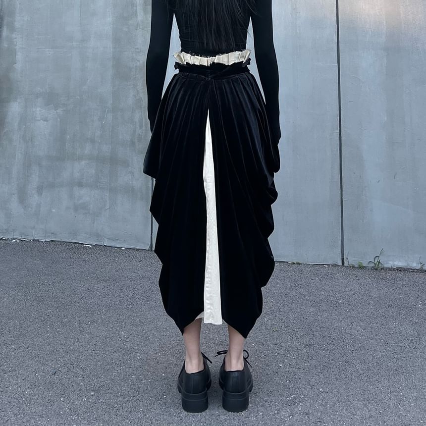 Ruched Velvet Panel Midi Skirt with Two-Piece Look