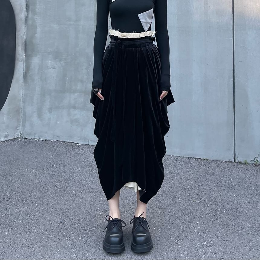 Ruched Velvet Panel Midi Skirt with Two-Piece Look