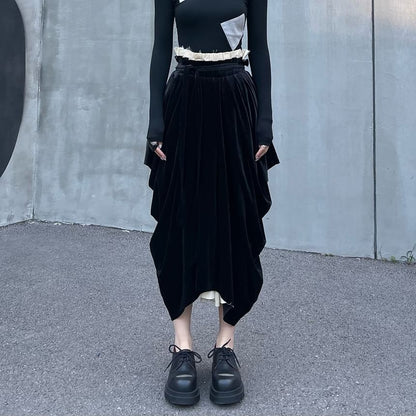 Ruched Velvet Panel Midi Skirt with Two-Piece Look
