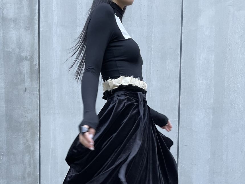 Ruched Velvet Panel Midi Skirt with Two-Piece Look