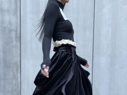 Ruched Velvet Panel Midi Skirt with Two-Piece Look