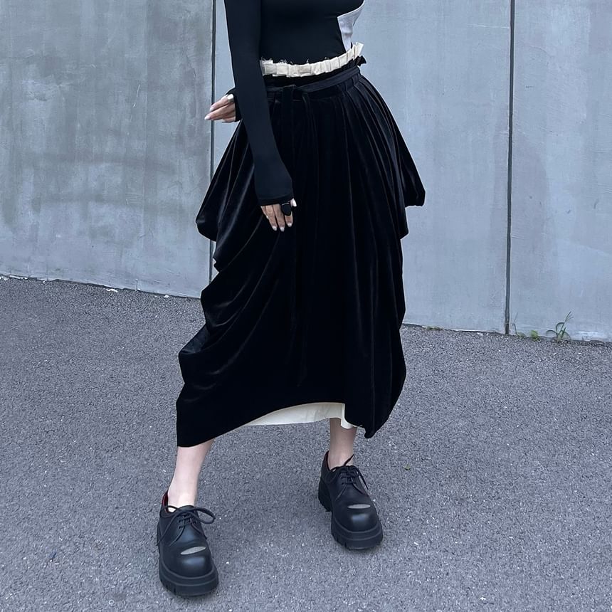 Ruched Velvet Panel Midi Skirt with Two-Piece Look