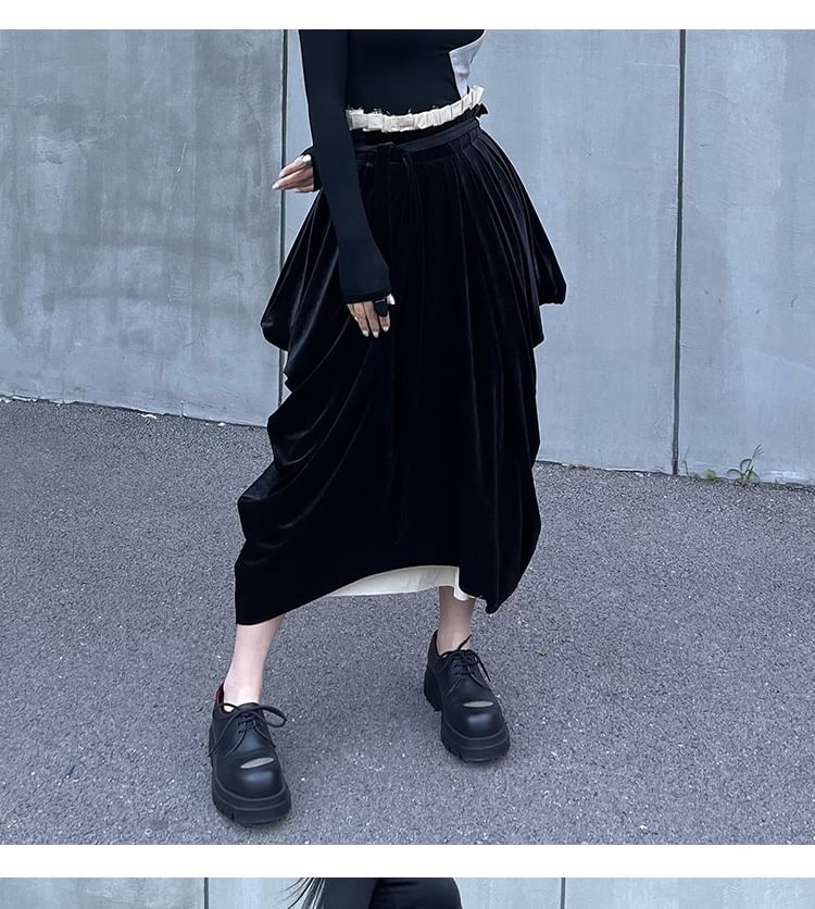 Ruched Velvet Panel Midi Skirt with Two-Piece Look