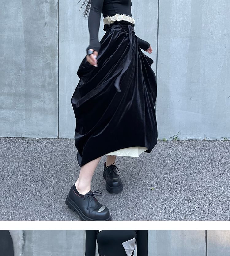 Ruched Velvet Panel Midi Skirt with Two-Piece Look