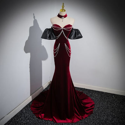 Sweetheart Evening Gown Sheath Trained Chained Neckline Off Shoulder