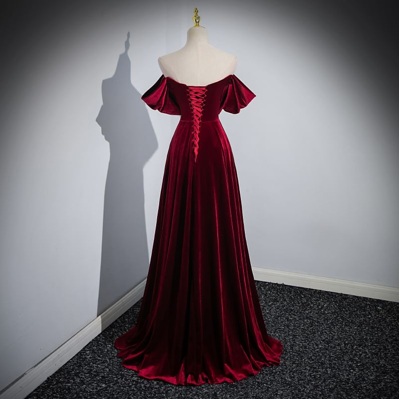 Shoulder Off Evening A-Line Velvet Gown