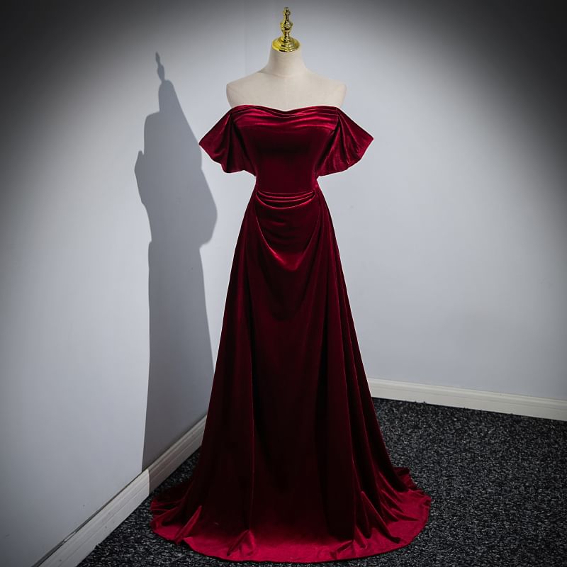 Off Shoulder Velvet A-Line Evening Gown