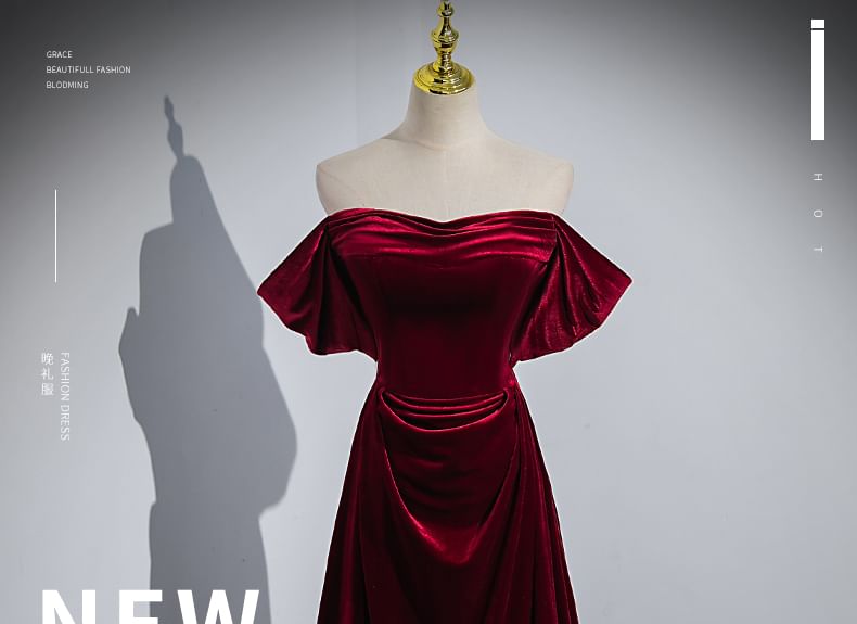 Shoulder Off Evening A-Line Velvet Gown