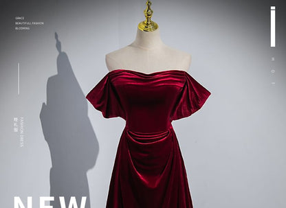 Shoulder Off Evening A-Line Velvet Gown