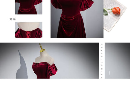 Off Shoulder Velvet A-Line Evening Gown