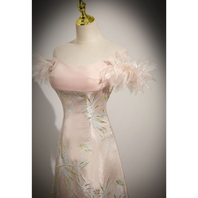 A-Line Print Evening Shoulder Off Gown