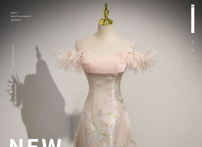 A-Line Print Evening Shoulder Off Gown