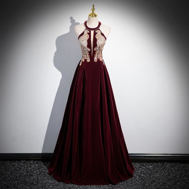 A-Line Neck Gown Halter Velvet Evening