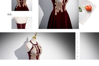 Halter Neck Velvet A-Line Evening Gown
