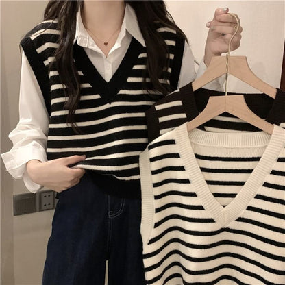 Vest V-Neck Striped Knit