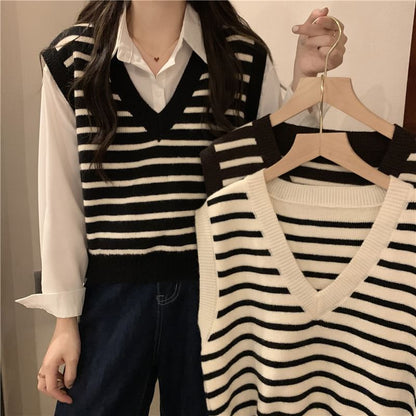 Vest V-Neck Striped Knit