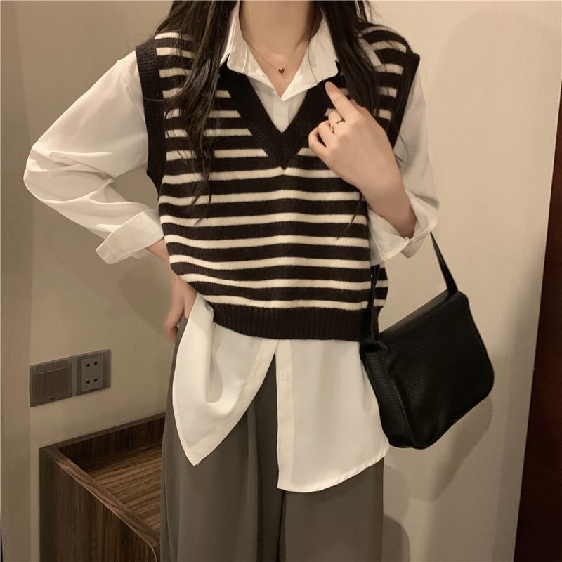 Vest V-Neck Striped Knit