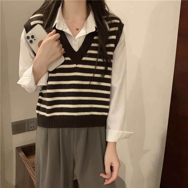 Vest V-Neck Striped Knit