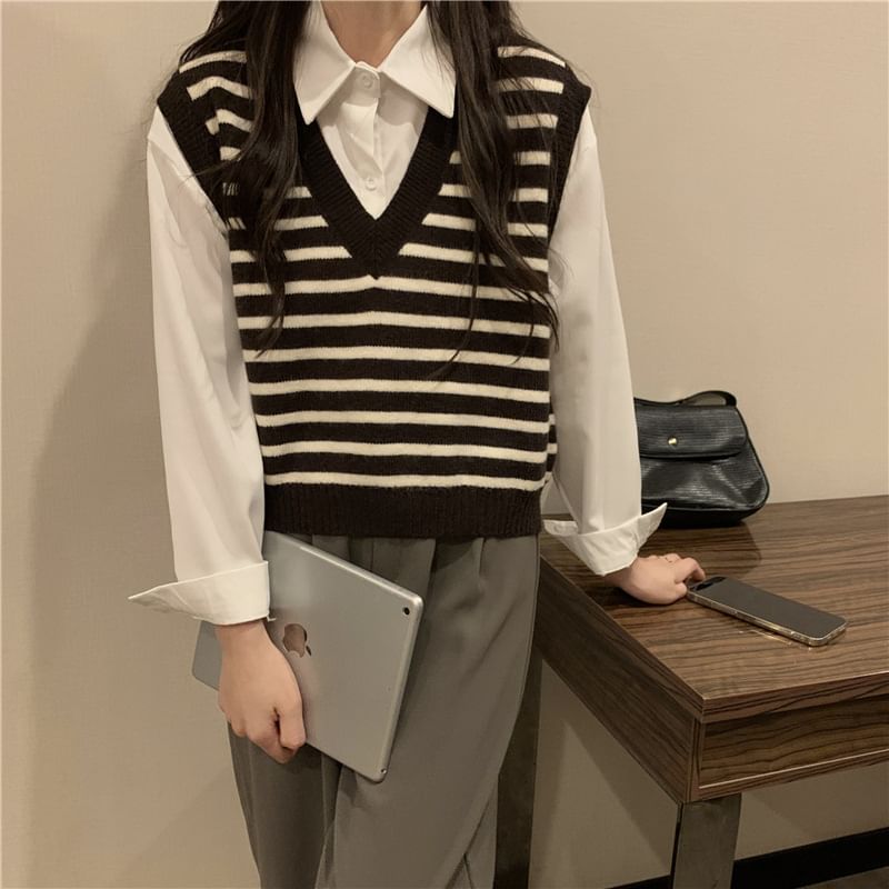 Vest V-Neck Striped Knit