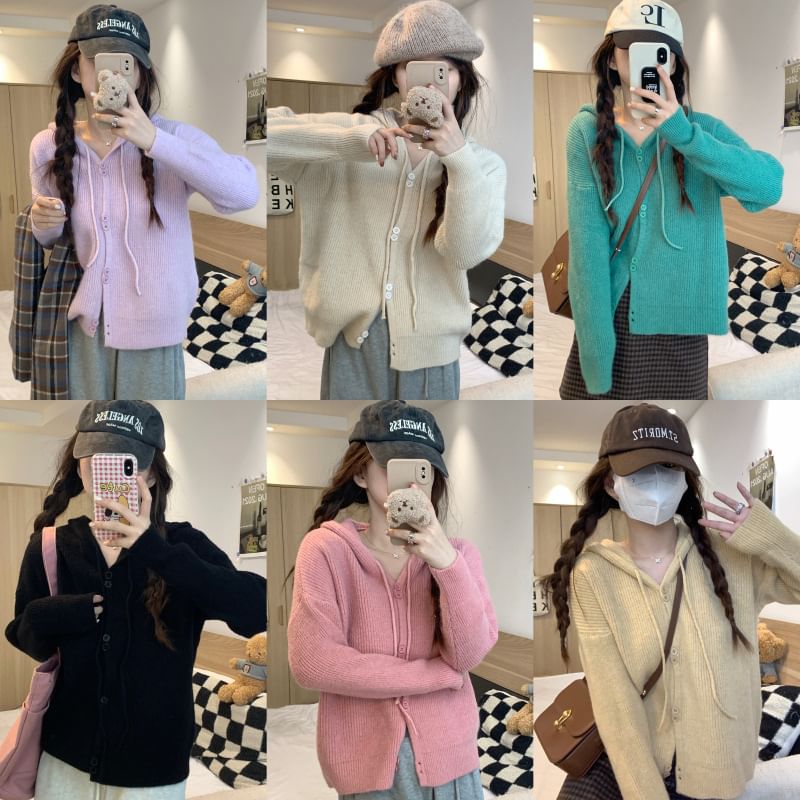 Cardigan Hooded Button-Up Plain