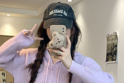 Cardigan Hooded Button-Up Plain