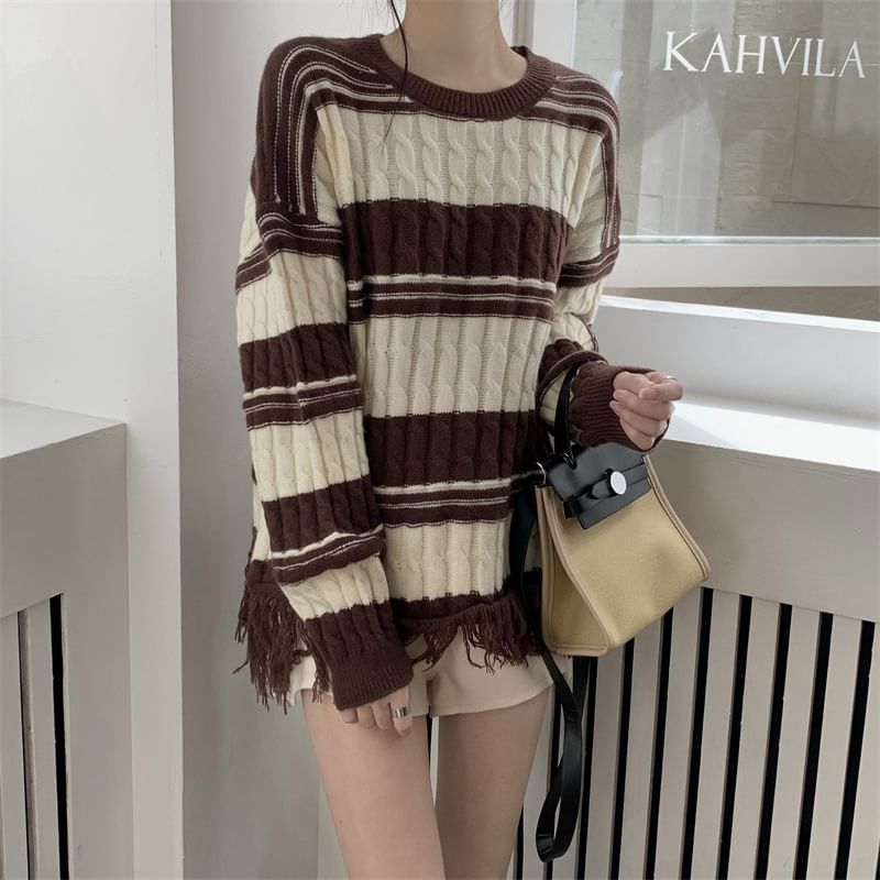 Sweater Loose-Fit Frayed Striped