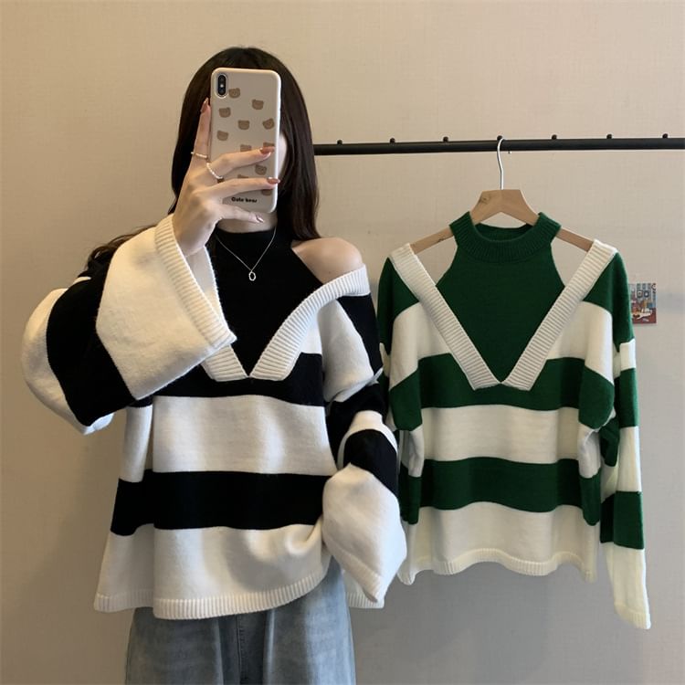 Sweater Mock Two-Piece Long-Sleeve Striped