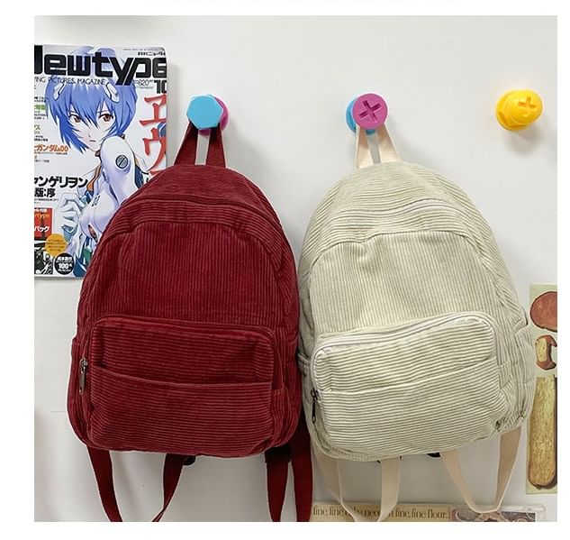 Corduroy Zipper Pocketed Light Backpack