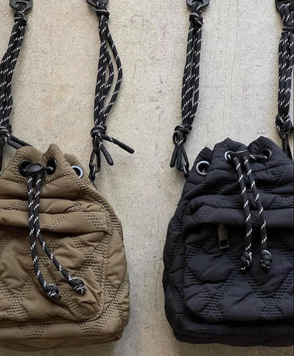Drawstring Quilted Nylon Bucket Bag