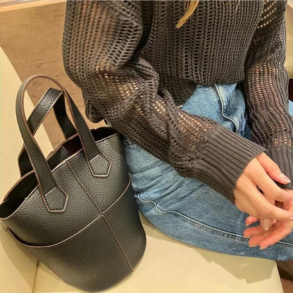 Plain Faux Leather Bucket Bag