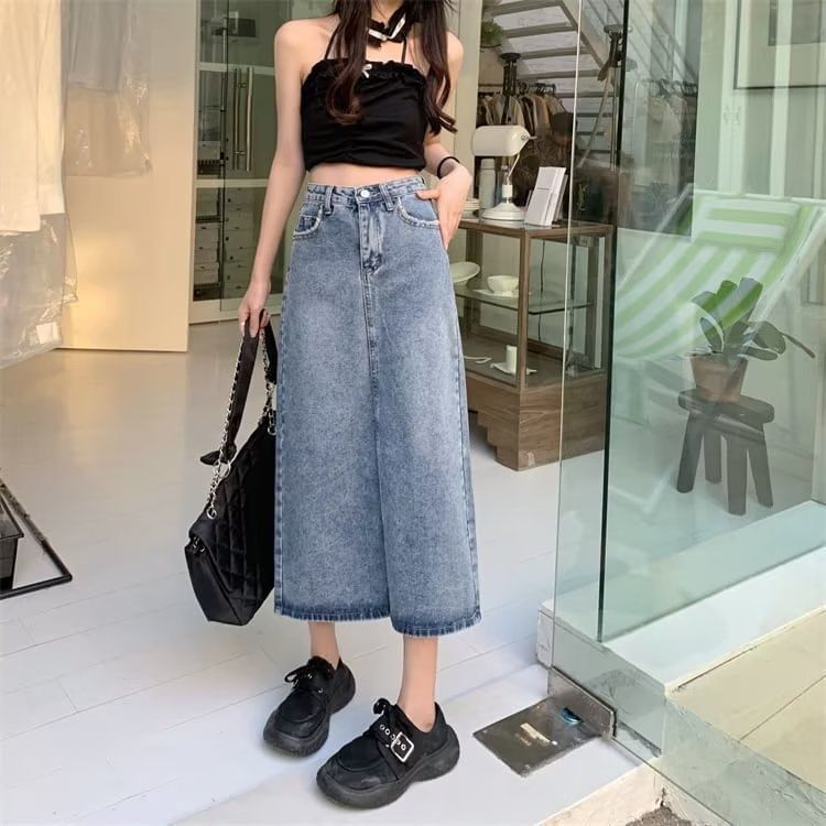 Washed Denim High-Rise Midi Skirt