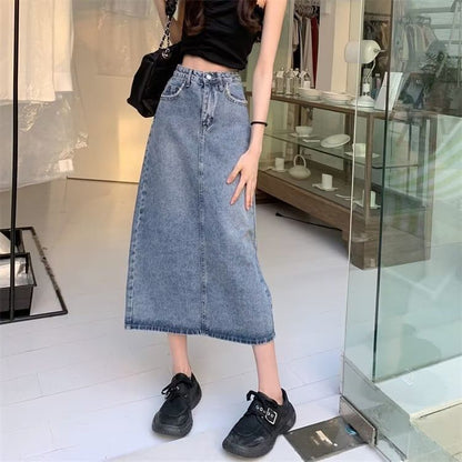Washed Denim High-Rise Midi Skirt