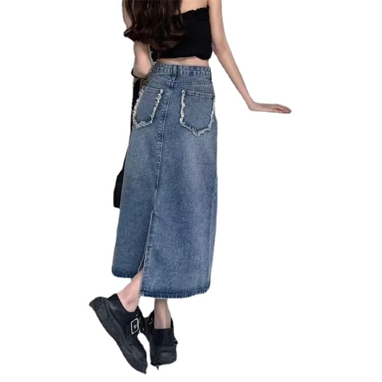 Washed Denim High-Rise Midi Skirt