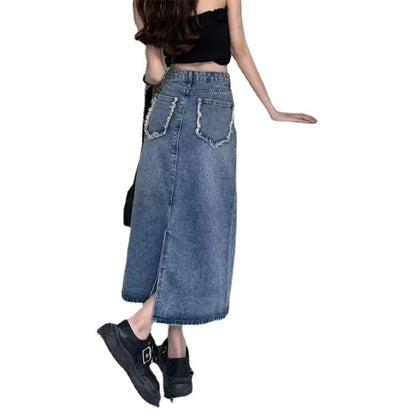 Washed Denim High-Rise Midi Skirt