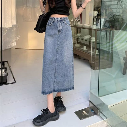 Washed Denim High-Rise Midi Skirt
