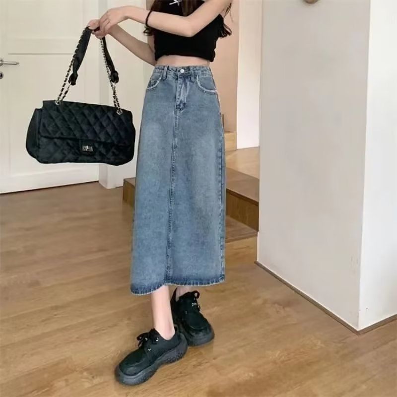Washed Denim High-Rise Midi Skirt