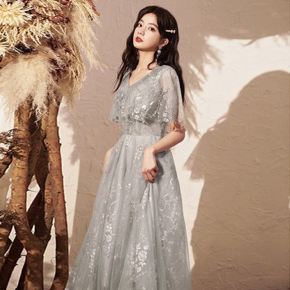 Short-Sleeve V-Neck Sequin A-Line Evening Gown