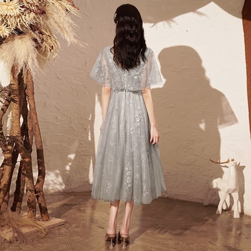 Short-Sleeve V-Neck Sequin A-Line Evening Gown