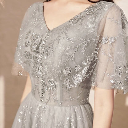 Short-Sleeve V-Neck Sequin A-Line Evening Gown