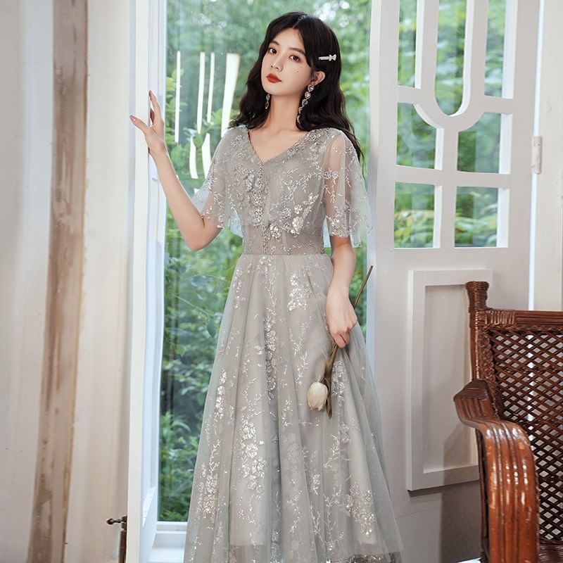 Short-Sleeve V-Neck Sequin A-Line Evening Gown
