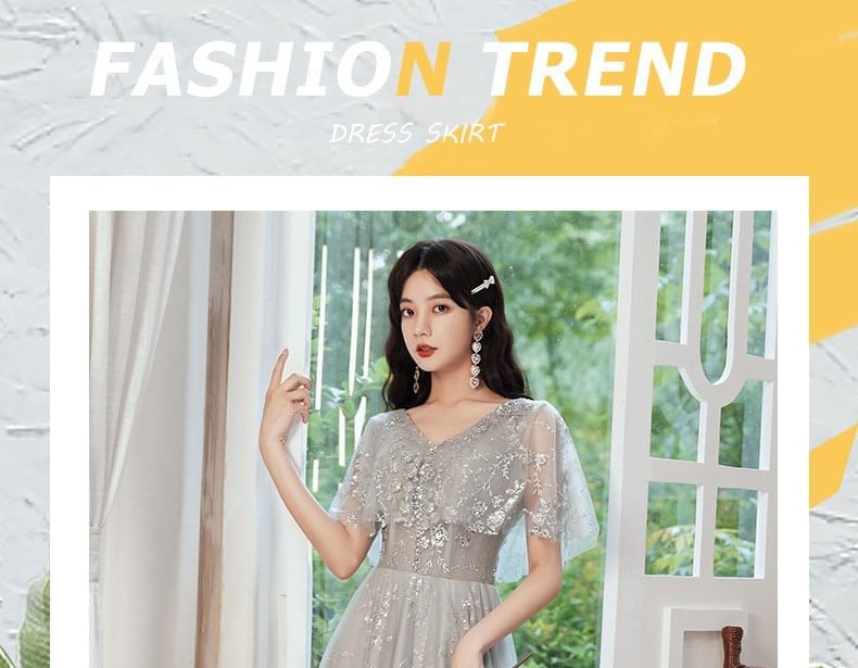 Short-Sleeve V-Neck Sequin A-Line Evening Gown