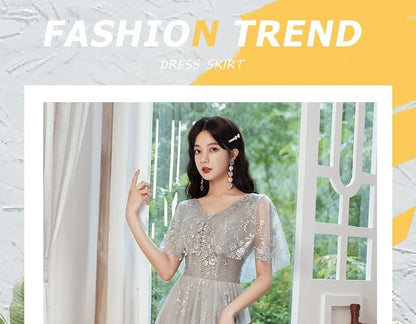 Short-Sleeve V-Neck Sequin A-Line Evening Gown