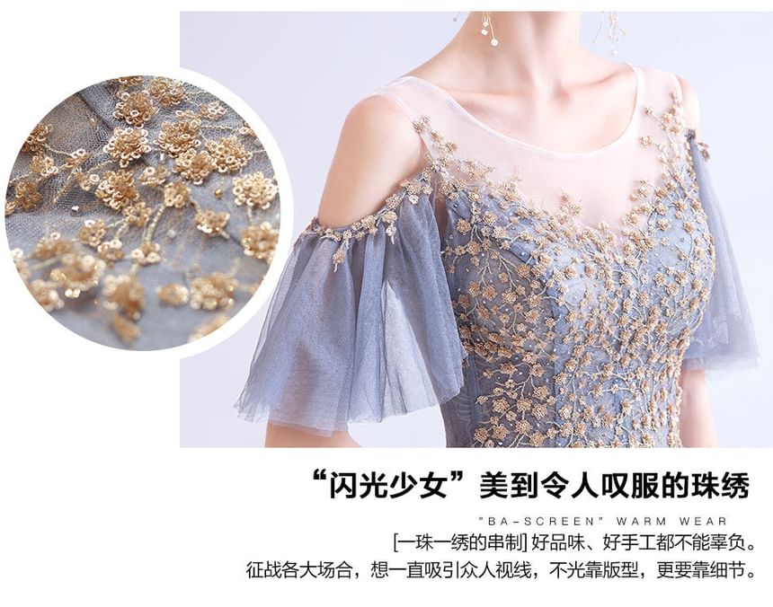 Short-Sleeve Floral Sequin Mesh Panel A-Line Evening Gown